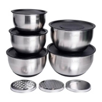 Набор мисок из нержавеющей стали 5 штук с крышками и терками салатники из нержавейки 5/4/ 2.5/2/1.5 л LG-01/5PCS