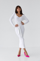 Обтисле плаття в рубчик із поясом — молочний колір, L (є розміри)