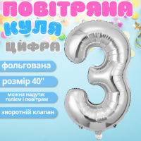 Воздушный шар в виде цифры 3 серебро,40 дюймов, фольгированый, для праздников для дня рождения,