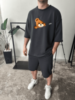 Чоловічий графітовий комфортний літній спортивний костюм-двійка з яскравим принтом