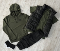 Комплект 5 в 1 Adidas хакі худі + чорні штані + чорна жилетка + хакі футболка + 2 пари шкарпеток (чорні та білі)