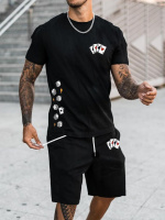 Чорний чоловічий зручний літній спортивний костюм з модним дизайном ДТФ