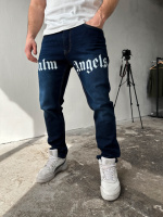 Чоловічі темно-сині зручні завужені джинси з модними написами