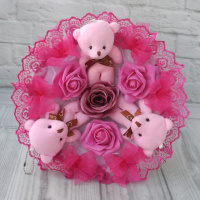 Яскраво рожевий букет з м'яких іграшок, плюшевий ведмедик дитячий букет подарунок для дівчинки доньки подружки
