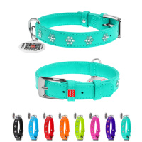 Нашийник для собак шкіряний WAUDOG Glamour з QR паспортом, з клейовими стразами «Квіти», Ш 15 мм, Дов 27-36 см ментоловий