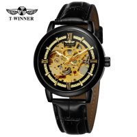 Чоловічий механічний годинник Forsining 8173 All Black-Gold Leather з автопідзаводом та шкіряним ремінцем