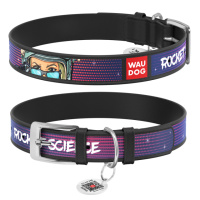 Нашийник для собак шкіряний WAUDOG Design з QR паспортом, малюнок «Космос. Ракетобудування»,M, Ш 20 мм, Дов 29-38 см чорний