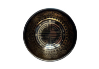 Тибетська співаюча чаша з арт гравіюванням Символ удачі + чакра Вишудха + Мантра 10.5 см