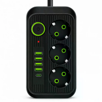 Мережевий фільтр Power Socket F09U 2500 Вт 2 м чорний • Подовжувач Power Socket F09U на 3 розетки з 4 USB, PD Type-C і вимикачем