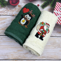 Набор махровых кухонных полотенец Турция Новый год Санта с подарками Пингвин 13937 30х50 см 2 шт