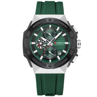 Чоловічий наручний годинник Curren 8462 Silver-Green зі спортивним хронографом та силіконовим ремінцем