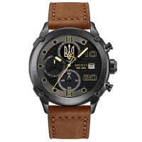 Чоловічий наручний годинник Awarder 016 Тризуб золото Black-Brown з хронографом та шкіряним ремінцем