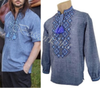 50-60 Чоловіча вишиванка вишита сорочка етно, Мужская вишитая синяя вышиванка