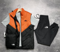 Чоловічий комплект The North Face Clip жилетка помаранчево-чорна + сіра футболка + штани + барсетка у подарунок