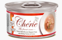 Вологий корм Cherie для котів з ніжними шматочками жовтоперого та смугастого тунця та креветок в соусі, 0,08 кг