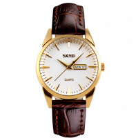 Жіночий класичний годинник Skmei 9073GDWT-S Gold-White з білим циферблатом та шкіряним ремінцем