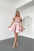 Коктейльна Сукня Атлас Паєтка Відкриті Плечі 25023 Рожева