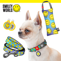 Набір для собак WAUDOG малюнок «Смайли на блакитному», нашийник/повідець/іграшка/QR-адресник, S, Ш 15 мм.
