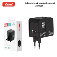 Универсальное зарядное устройство XO WL01 UK/EU/US, сетевой переходник с двумя USB портами Черный