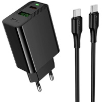 Мережевий зарядний пристрій Hoco CS95A Leader PD30W+QC3.0 (1USB-A/1C) + кабель Type-C to Type-C Black