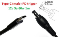 Кабель-переходник триггер PD 12v Type-C (max 5a, 60w) на 5.5x3.0 or 5.0x3.0mm (+pin) 1m з USB Type-C (male) Power Delivery PD тригер (A class) 1...