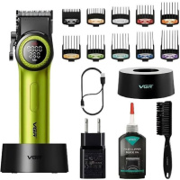 Профессиональная машинка для стрижки волос VGR V-001 с дисплеем 9000 об/мин и 10 насадками. Цвет: зеленый