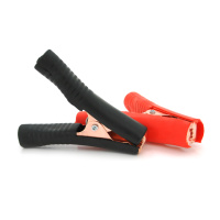 Набор аккумуляторных зажимов «крокодилы» черный + красный 100А 90мм (плотный резиновый, рифленный кожух), Пакет, Q2