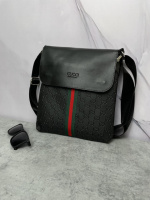 Месенджер шкіряний Gucci чорний із зелено-червоною смугою