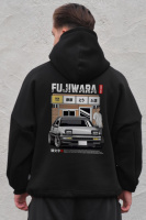 Оверсайз худі толстовка на флісі з капюшоном та принтом Without Fujiwara Black