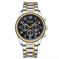 Чоловічий класичний годинник Curren 8466 Silver-Gold-Black з хронографом та сталевим браслетом