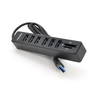 Хаб-кардридер универсальный VEGGIEG V-C306, USB2.0 8in1 card reader （SD+TF+6*USB), Black,Blister-Box