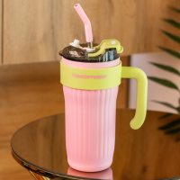 Термочашка ThinkDifferent 860 мл з кришкою на защіпці та ручкою, рожевий з жовтим