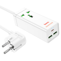 Сетевой фильтр HOCO AC9A на 1 розетку + 2 USB+USB-C, 30W, 220В, кабель 1,5м, White, Box