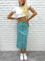 Спідниця міді з розрізом «Brooklyn» оптом | Розпродаж моделі Фісташковий, 44