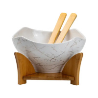 Салатница га бамбуковой пподставке  с вилкой и ложкой 22*22*14 см Белый HP1228