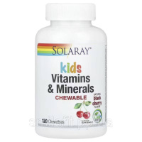 Вітаміни та мінерали для дітей, смак вишні, Kids Vitamins & Minerals Chewable, Solaray, 120 жувальних таблеток