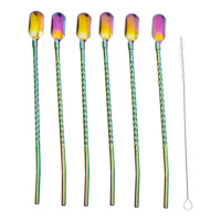 Набор многоразовых ложек-трубочек 6 шт для напитков 22 см с щеткой для мытья из нержавеющей стали Хамелеон HP-20-21