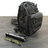 Набор: армейская черная сумка + фонарь тактический профессиональный POLICE BL-X71-P50