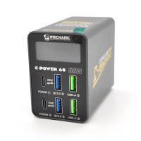 Зарядная станция с цифровой индикацией MECHANIC C-Power 6S, 2*USB-A, 2*QC3.0-5В3А,9В2A,12В1.5А, 2*PD3.1-5В3А,9В2.22A,12В1.67А, 220V/50W.150*100*50mm