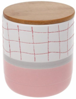 Банка фарфоровая «Клетка» для сыпучих продуктов 900мл с деревянной крышкой, белый с розовым