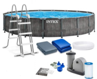 Intex 26744 549×122 см круглий каркасний басейн GreyWood Prism Frame Pool сірий графіт з фільтр насосом, сходами, тентом
