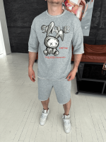 Комплект футболка та шорти сірого кольору з ДТФ принтом (оверсайз)