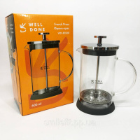 Френч-прес Well Done WD-8036B із термостійкого скла 600 мл, Чайник для заварювання трав прозорий
