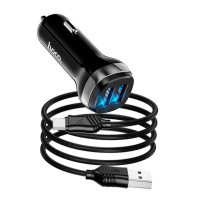 Набір АЗУ 12-24V HOCO Z40+ кабель Type-C, 2xUSB, 2.4A, кабель 1м, Black, Box