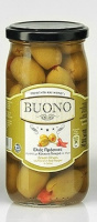 Зелені оливки «BUONO» фаршировані червоним перцем у розсолі (скляна тара 360мл.)