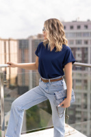 Жіноча блузка з вирізом та коротким рукавом «Fly» оптом | Норма і батал Темно-синій, 50-52