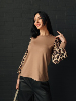 Стильна жіноча кофтинка з леопардовими рукавами «Alberta» | Норма і батал Капучіно, 46-48