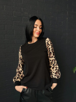Стильна жіноча кофтинка з леопардовими рукавами «Alberta» | Норма і батал Чорний, 46-48