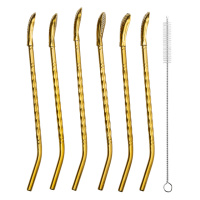 Набор многоразовых ложек-трубочек 6 шт для напитков 19.5 см с щеткой Золотистый HP-20-56