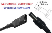 Переходник на 9v (max 5a, 45w) 6.3x3.0mm 8-10cm з USB Type-C (Female) Quick Charge Power Delivery QC|PD тригер (A class) 1 день гар.